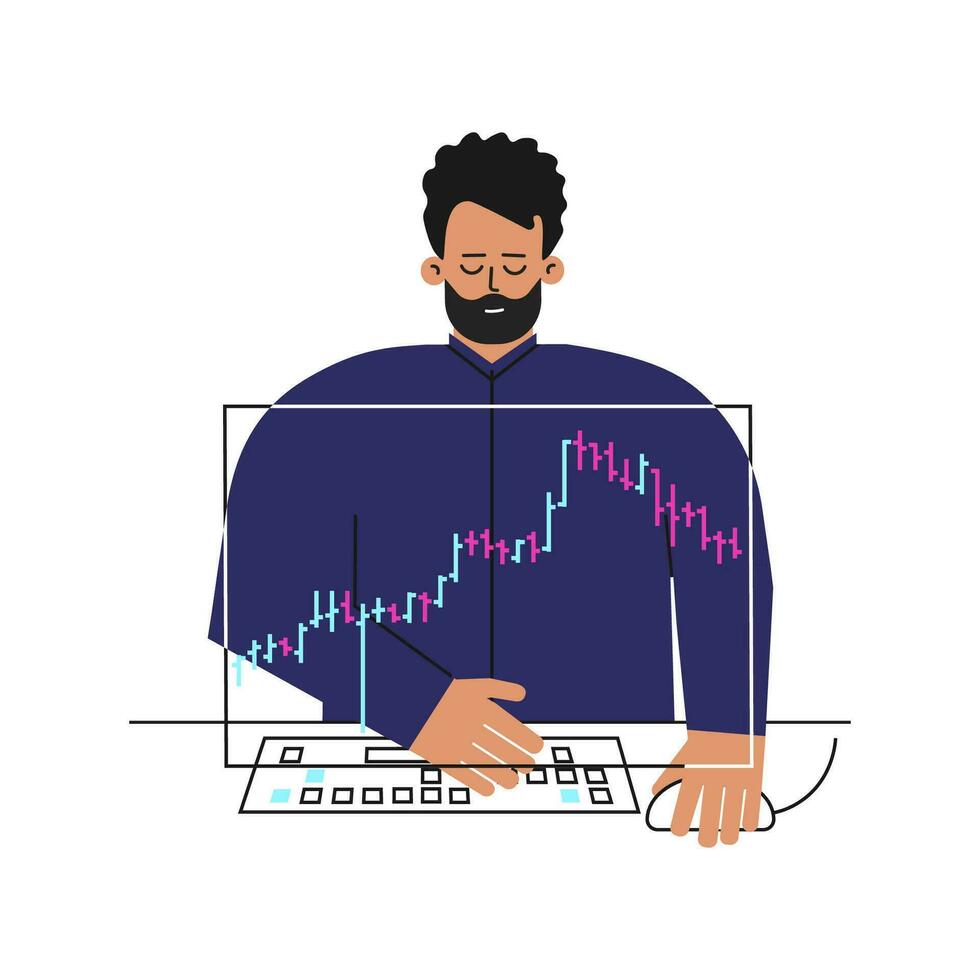 Vektor Konzept Über finanziell Märkte. kaukasisch Mann ist Händler Arbeiten online auf Bestände Austausch. eben Charakter von Investor ist Analysieren Daten auf Bar Diagramm, entscheiden zu Kaufen Anteile mit Computer