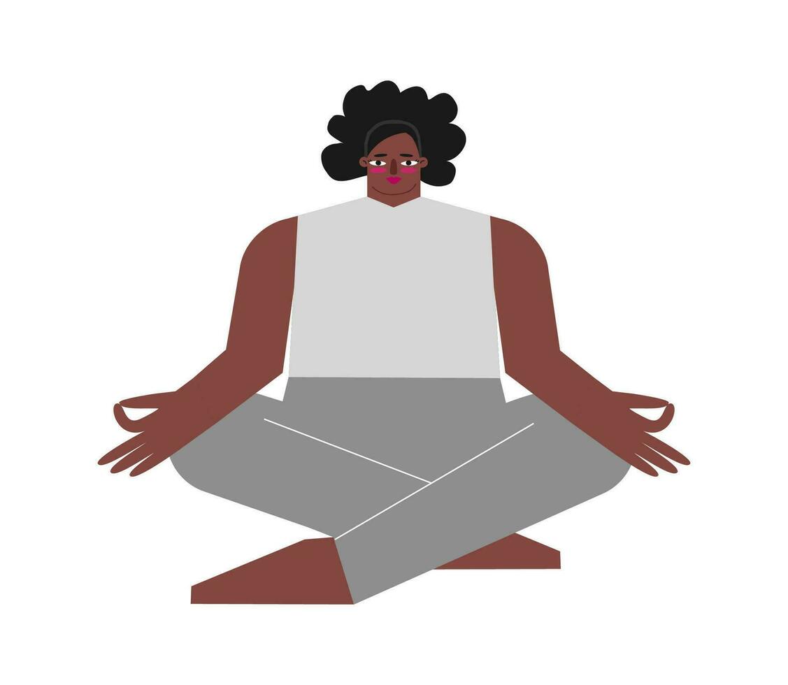 Vektor isoliert Illustration mit eben Körper positiv sportlich Charakter. stark afrikanisch amerikanisch Frau lernt Basic Haltung und tut einfach Pose beim Yoga Klasse. Ader Übung zum Meditation - - Sukhasana