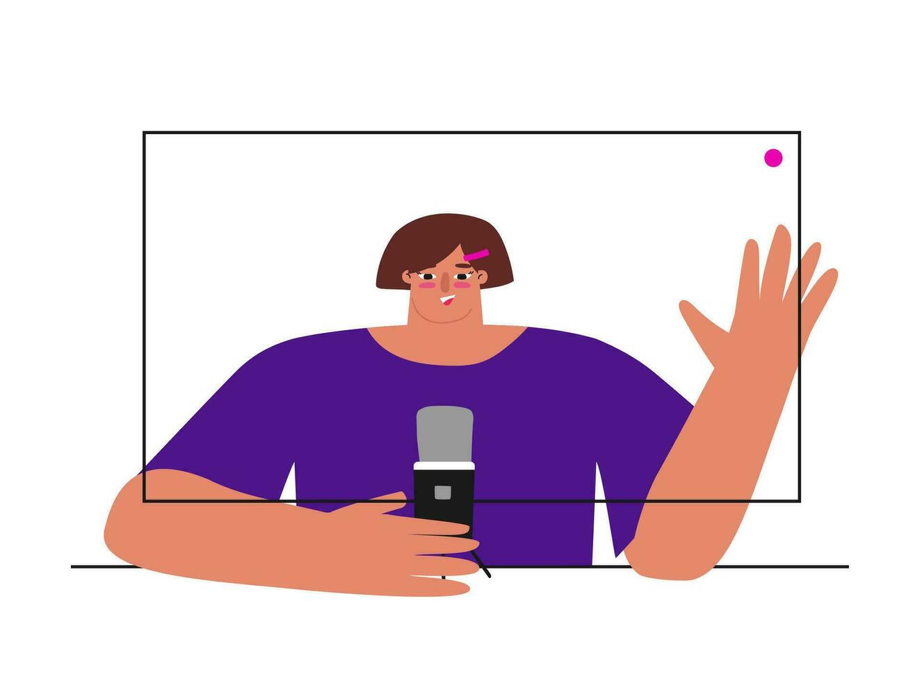 vektor platt isolerat illustration med skärm av dator och ung caucasian kvinna inspelning video på webbkamera. avlägsen arbete förbi bloggare, podcast värdar, lärare använder sig av uppkopplad ström tjänster