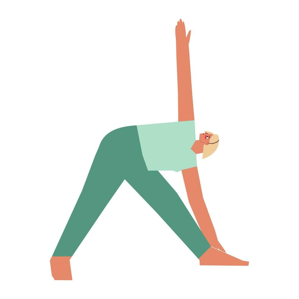 Vektor isoliert Illustration mit eben weiblich Charakter. sportlich Frau lernt Stärkung Haltung utthita Trikonasana beim Yoga Klasse. Fitness Übung - - verlängert Dreieck Pose