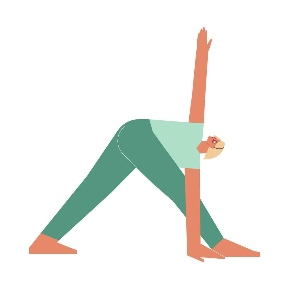 vektor isolerat illustration med platt kvinna karaktär. sportigt kvinna lär vrida hållning parivrtta trikonasana på yoga klass. kondition övning - kretsade triangel utgör