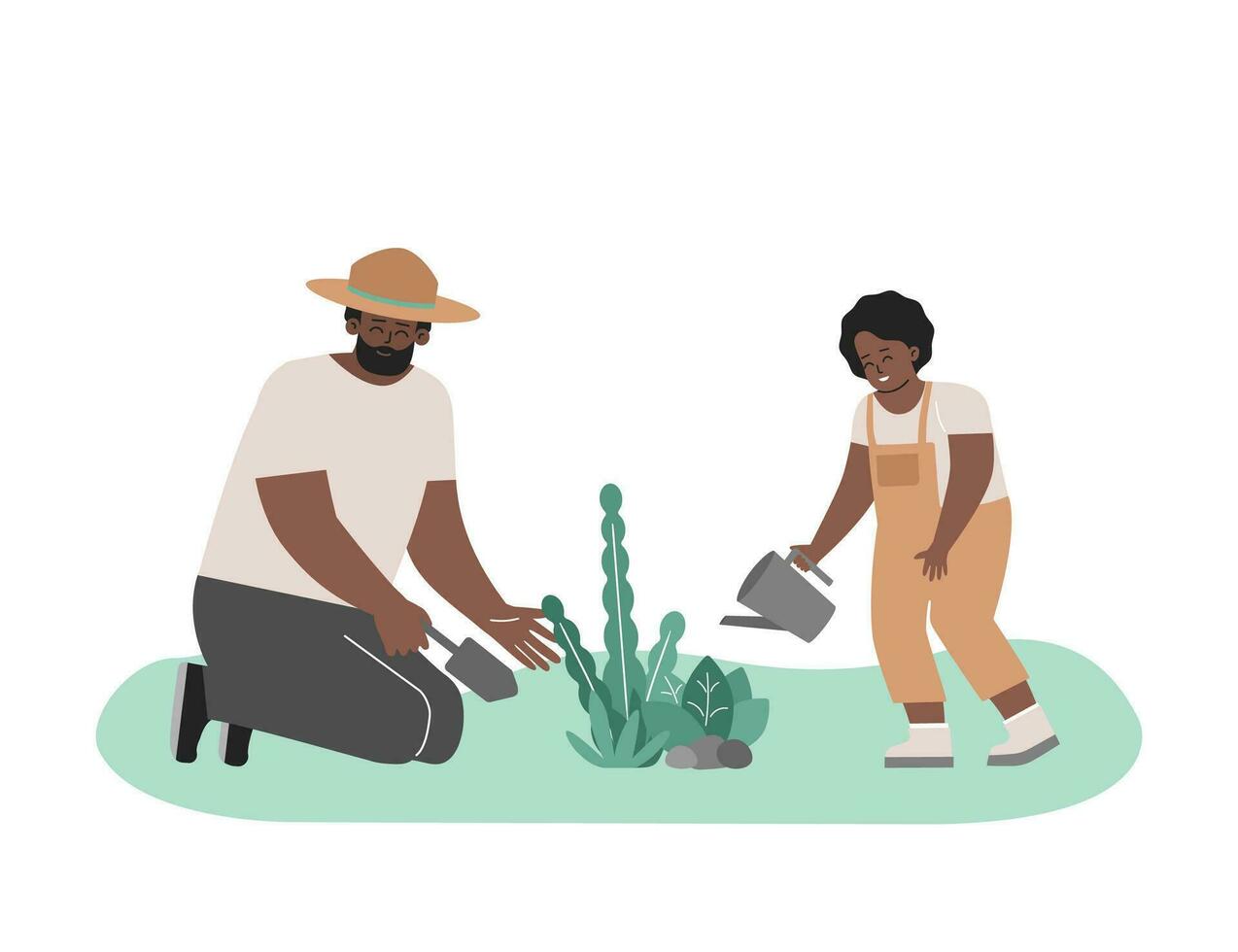 Vektor eben Illustration. afrikanisch amerikanisch Vater Pflanzen Blumen durch Spatel und lächelnd wenig Kind Wasser Blätter im Garten. glücklich Ferien mit Familie im Natur. Vati Liebe zu verbringen Tag mit Sohn