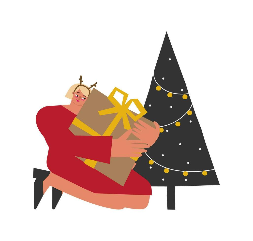 Vektor eben Porträt von kaukasisch Frau halten groß Geschenk im Kunst Papier. Feier von Weihnachten Urlaub. süß Dame ist im rot Kleid, sitzt mit Geschenk Box in der Nähe von dekoriert Weihnachten Baum.