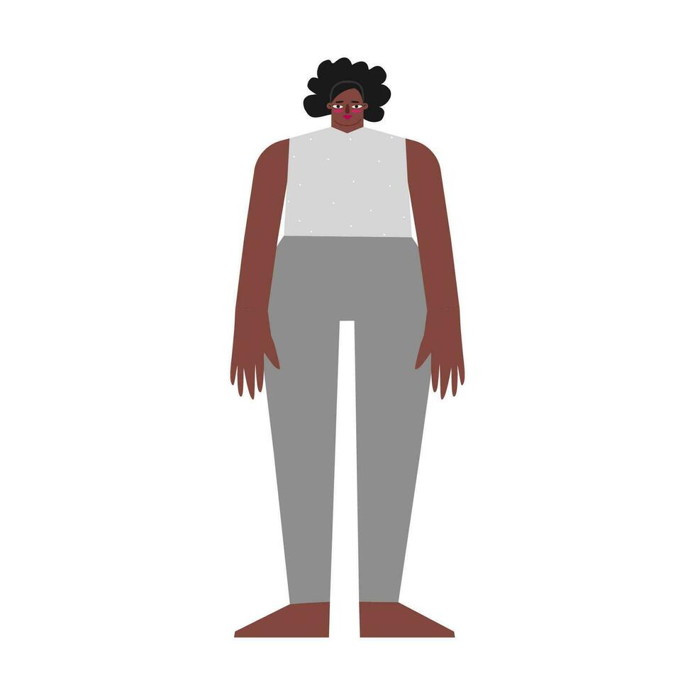 Vektor isoliert Illustration. eben weiblich Charakter mit sportlich Outfit. afrikanisch amerikanisch Frau trägt grau Gamaschen und T-Shirt zum Übungen beim Yoga Klasse. Symbol von sportlich Person