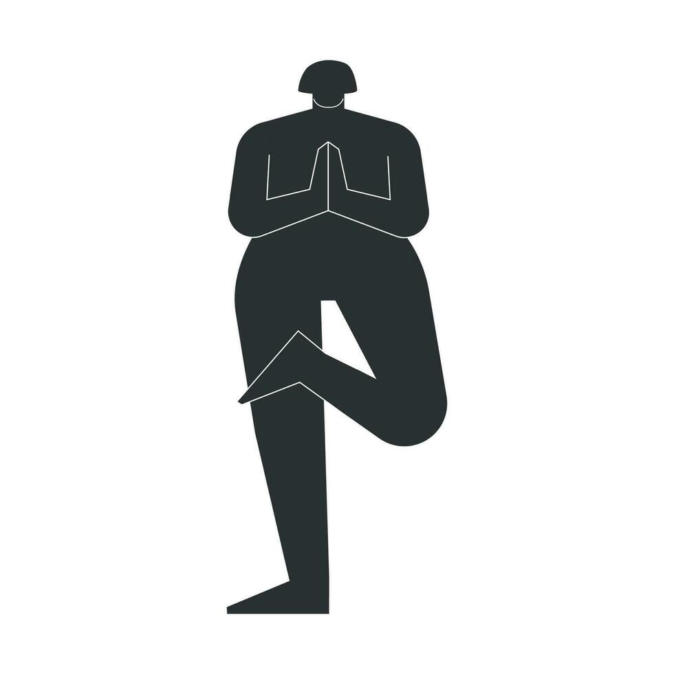 Vektor isoliert Illustration mit eben schwarz Silhouette von weiblich Person tun Feinheit. sportlich Frau lernt Yoga Haltung Ardha Padmasana vrksasana. sportlich Übung - - Hälfte Lotus Baum Pose