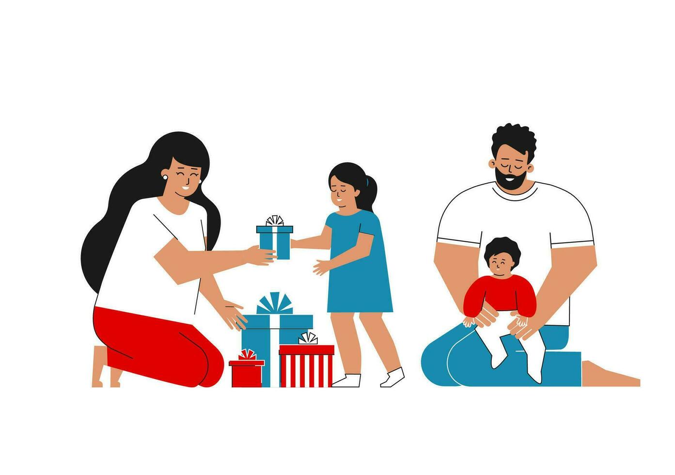 Vektor isoliert eben Konzept. Karikatur Latein amerikanisch Familie sind feiern Feiertage. Mädchen erhält Geschenk Box von Mutter, Vati sitzt mit Baby. Vorlage zu Design Neu Jahr, fröhlich Weihnachten Gruß Karten