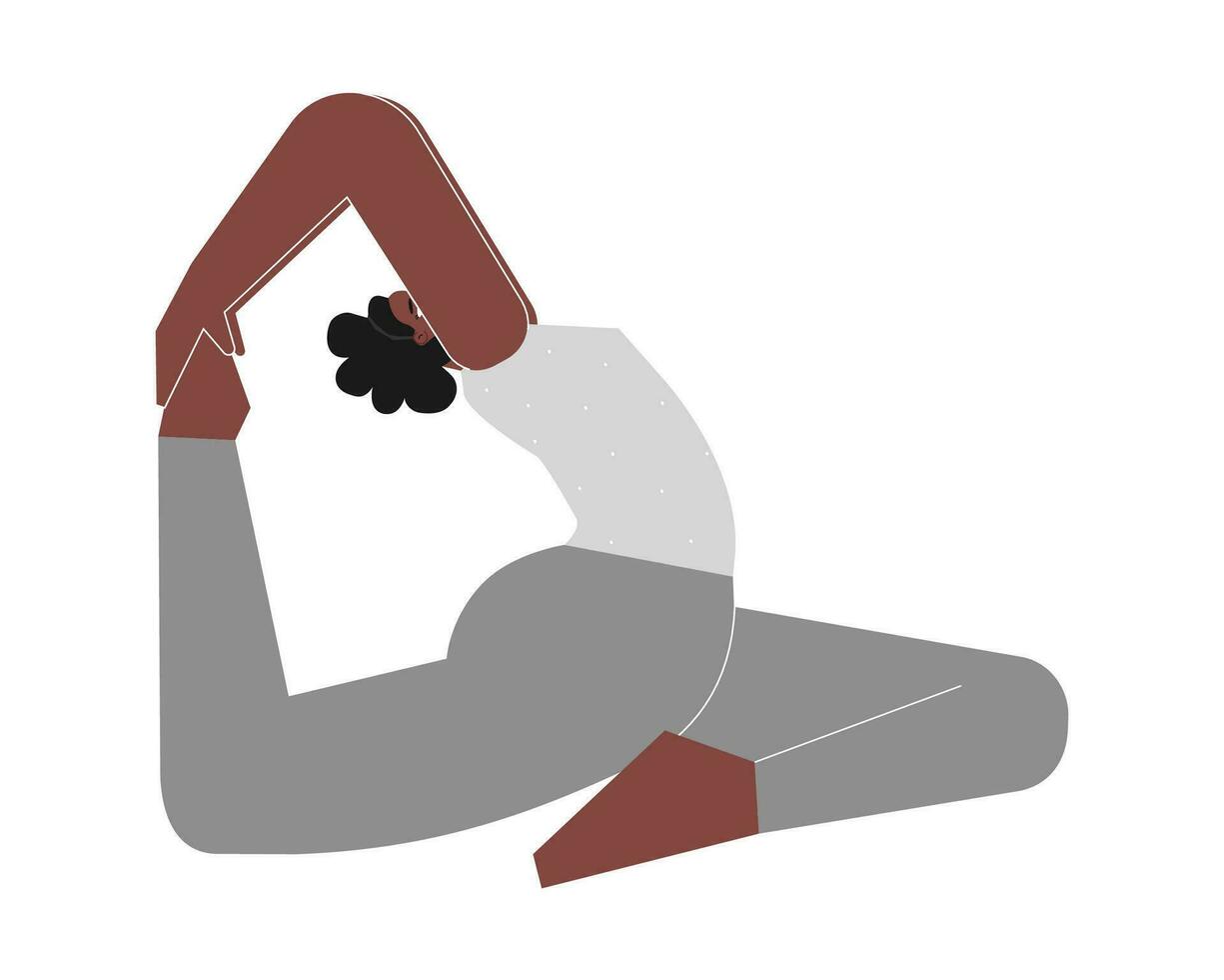 vektor illustration med platt kvinna karaktär. sportigt afrikansk amerikan kvinna lär höftöppning hållning eka pada rajakapotasana på yoga klass. kondition övning - ett legged kung duva utgör jag