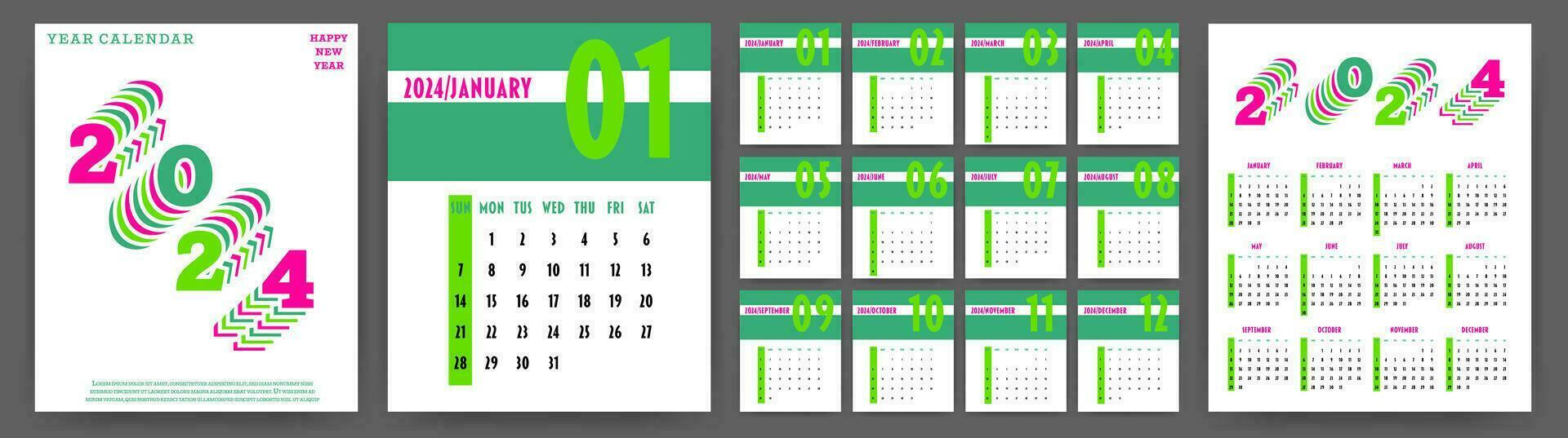 Kalender 2024 Jahr. Woche beginnt auf Sonntag. Design zum Planer, Drucken, Schreibwaren, Veranstalter. vektor