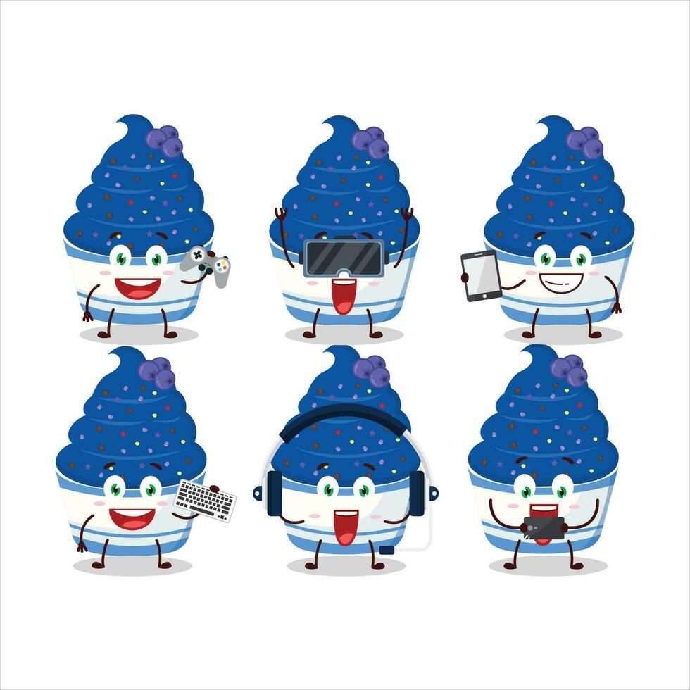 Eis Sahne Blaubeere Tasse Karikatur Charakter sind spielen Spiele mit verschiedene süß Emoticons vektor