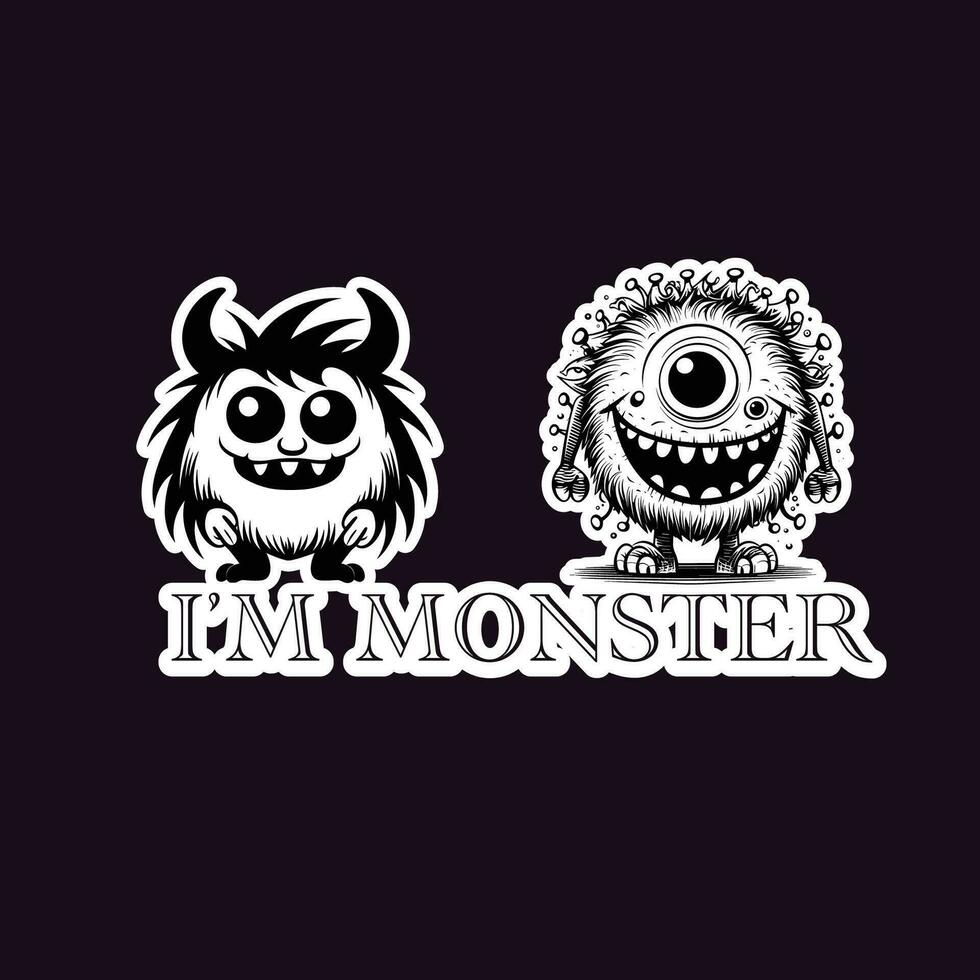 zwei süß Monster mit Text auf ein dunkel Hintergrund vektor