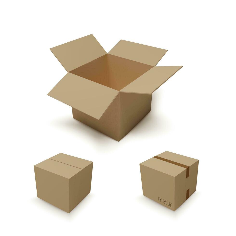 öppen isometrisk låda och stängd paket. realistisk kartong. vektor