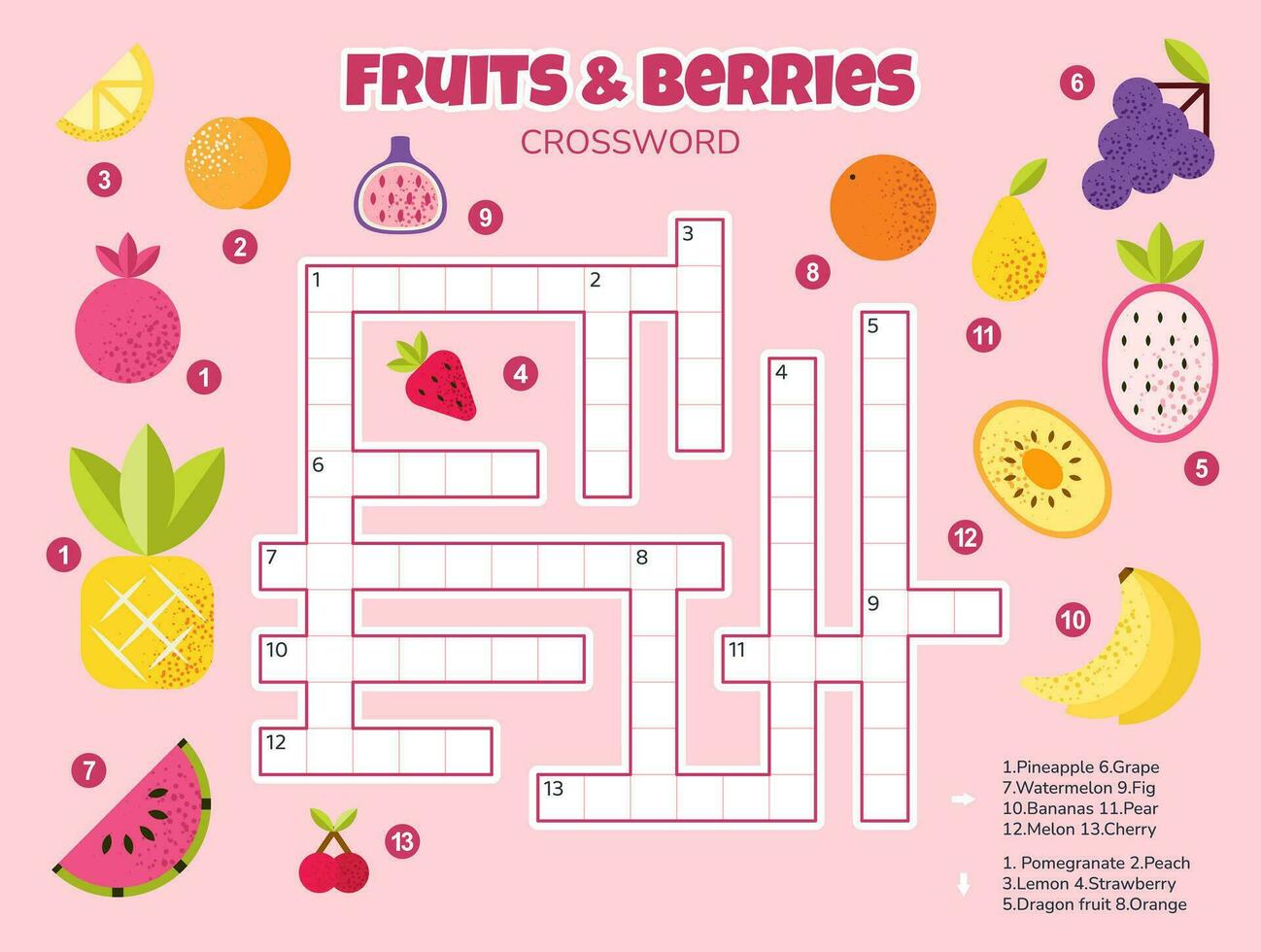 Kreuzworträtsel Puzzle zum Kinder. einfach Quiz mit Früchte und Beeren zum Kinder. lehrreich Aktivität. Englisch Sprache. horizontal Karikatur Kreuzworträtsel mit antworten. Vektor Illustration.