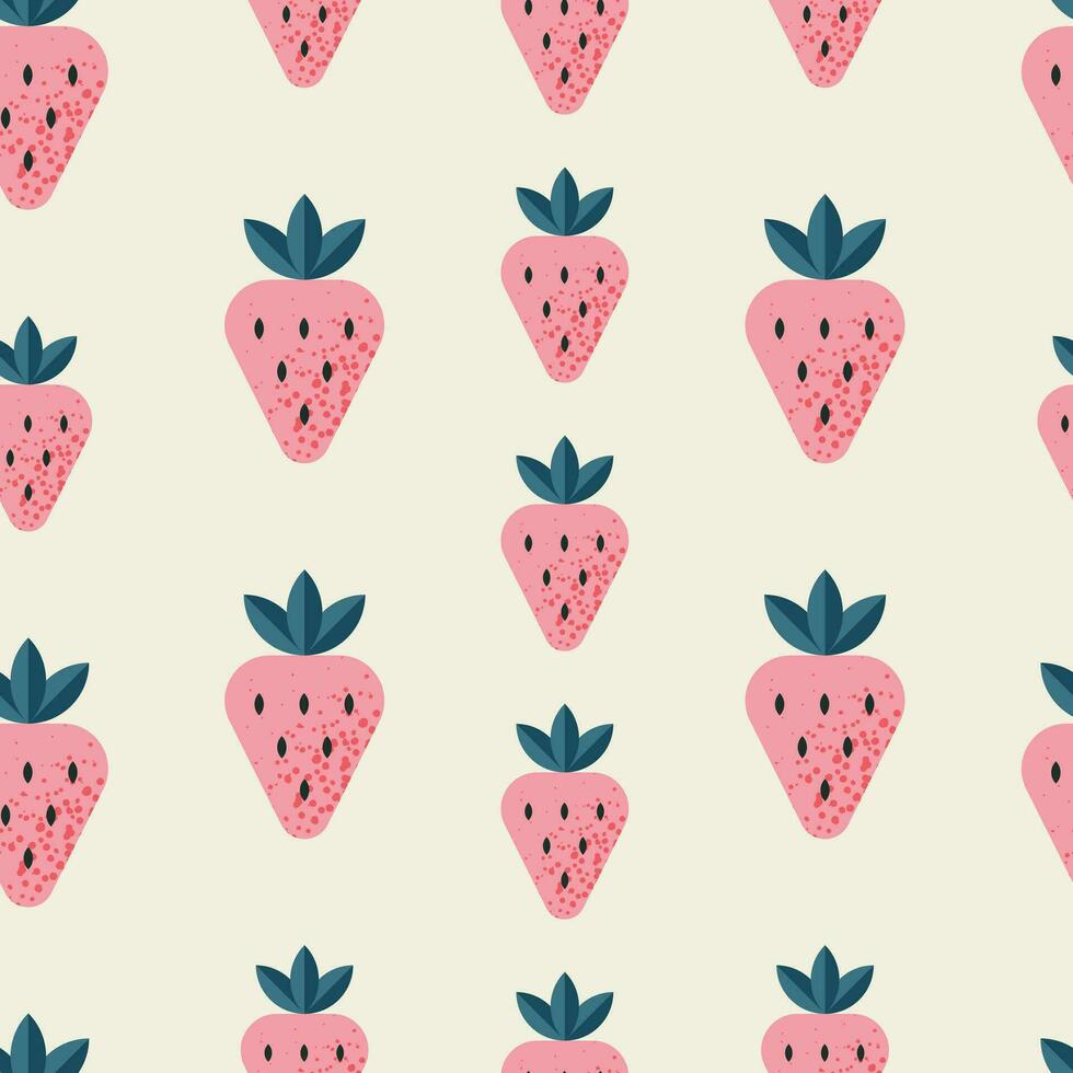 nahtlos Muster mit Erdbeere. süß drucken mit Beeren auf Weiß Hintergrund. bunt geometrisch Muster. Vektor Design zum Stoff, drucken, Verpackung, Textil. Karikatur eben Stil.