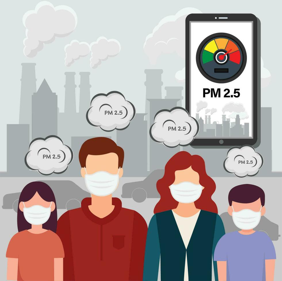 PM 2,5 luft förorening varna meter på smartphone. människor bär skyddande ansikte masker skydda rök på bakgrund. vektor