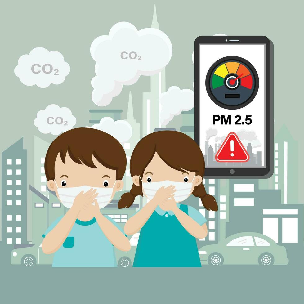 barn bär ansikte mask mot smog, damm, PM 2,5 luft förorening i de stad tecknad serie illustration. vektor