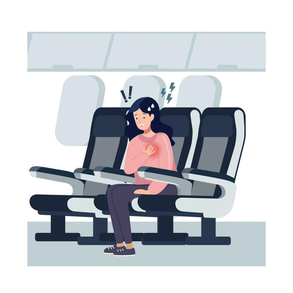 Frau Passagier Sitzung im Flugzeug Sitz und Leiden von Panik Attacke. Vektor Karikatur Illustration.