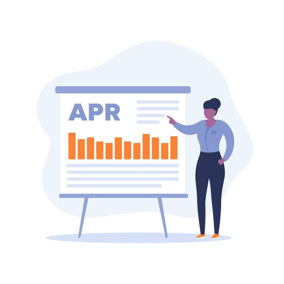 April, jährlich Prozentsatz Bewertung Vektor Illustration mit ein Frau