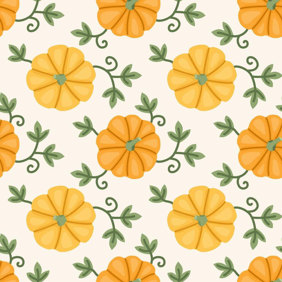 nahtlos Muster von Orange und Gelb Kürbisse mit Blätter oben Aussicht im eben Stil. Hintergrund zum Halloween, Ernte, Herbst. Vektor Illustration
