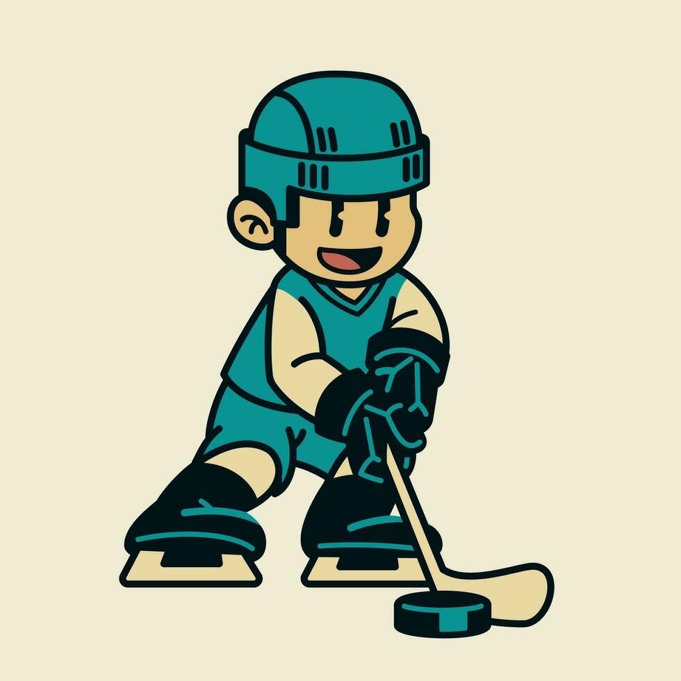 glücklich Junge spielen Eishockey Eis Karikatur vektor