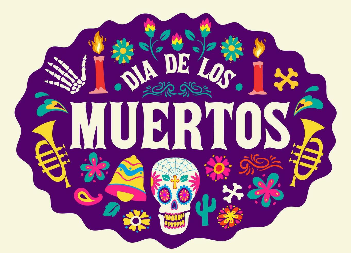 dia de los muertos firande kort design med skallar och objekt vektor