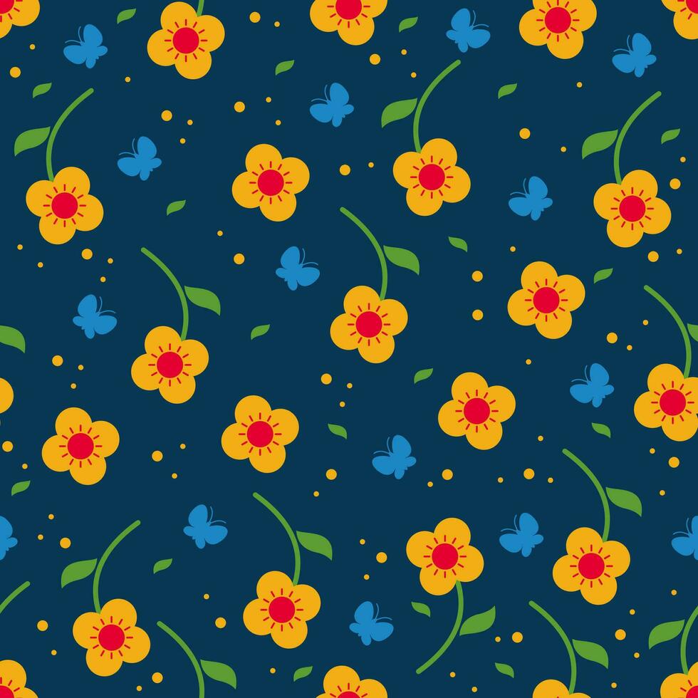 sömlös platt gul blomma och blå fjäril mönster design med mörk blå bakgrund vektor