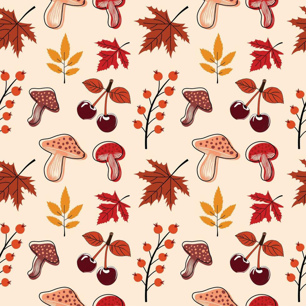 löv, rönnbär och svamp mönster design vektor