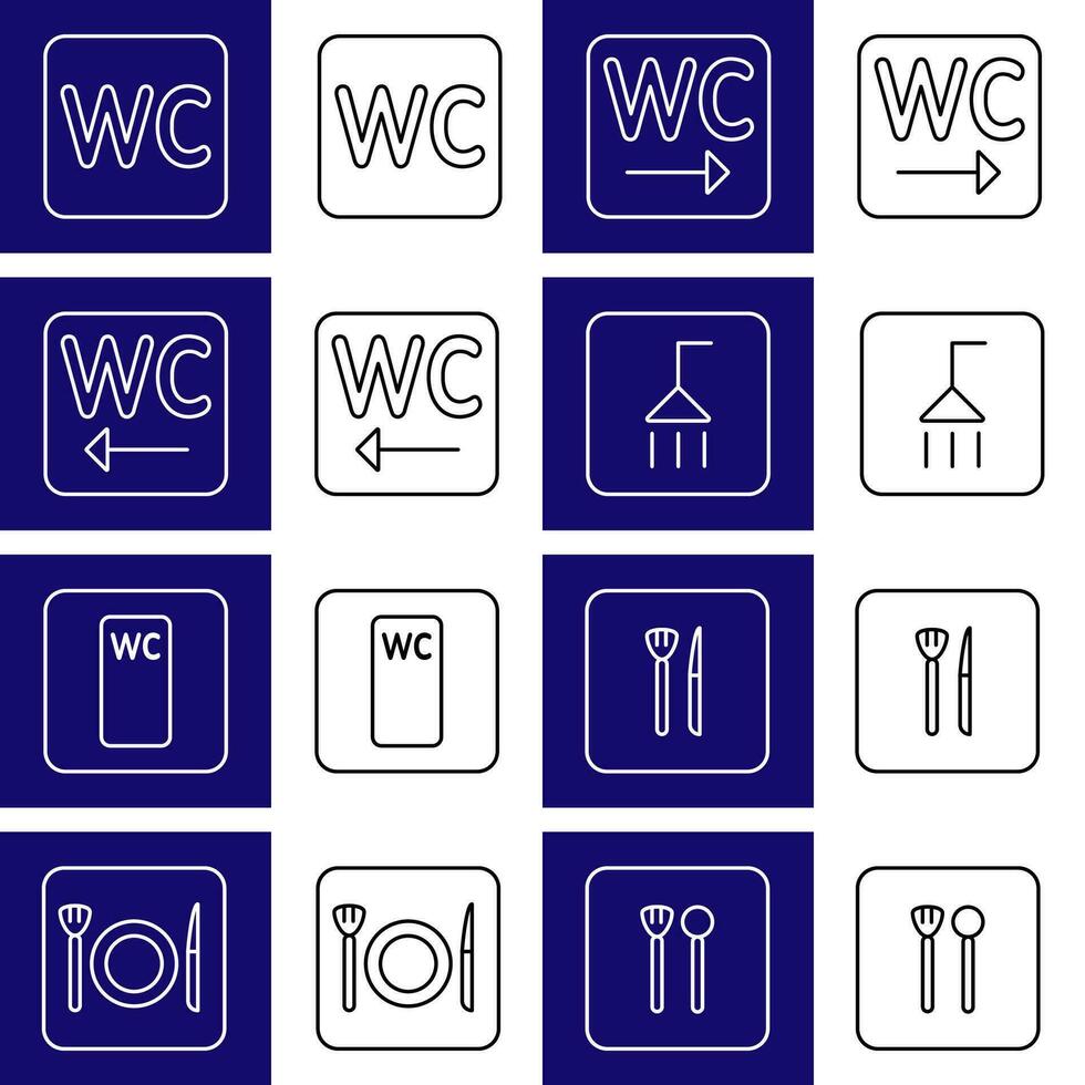 ein einstellen von 8 Symbole Anzeige ein Toilette und Cafeteria. verfügbar im zwei Farben Blau, Weiß und Weiss, schwarz. vektor
