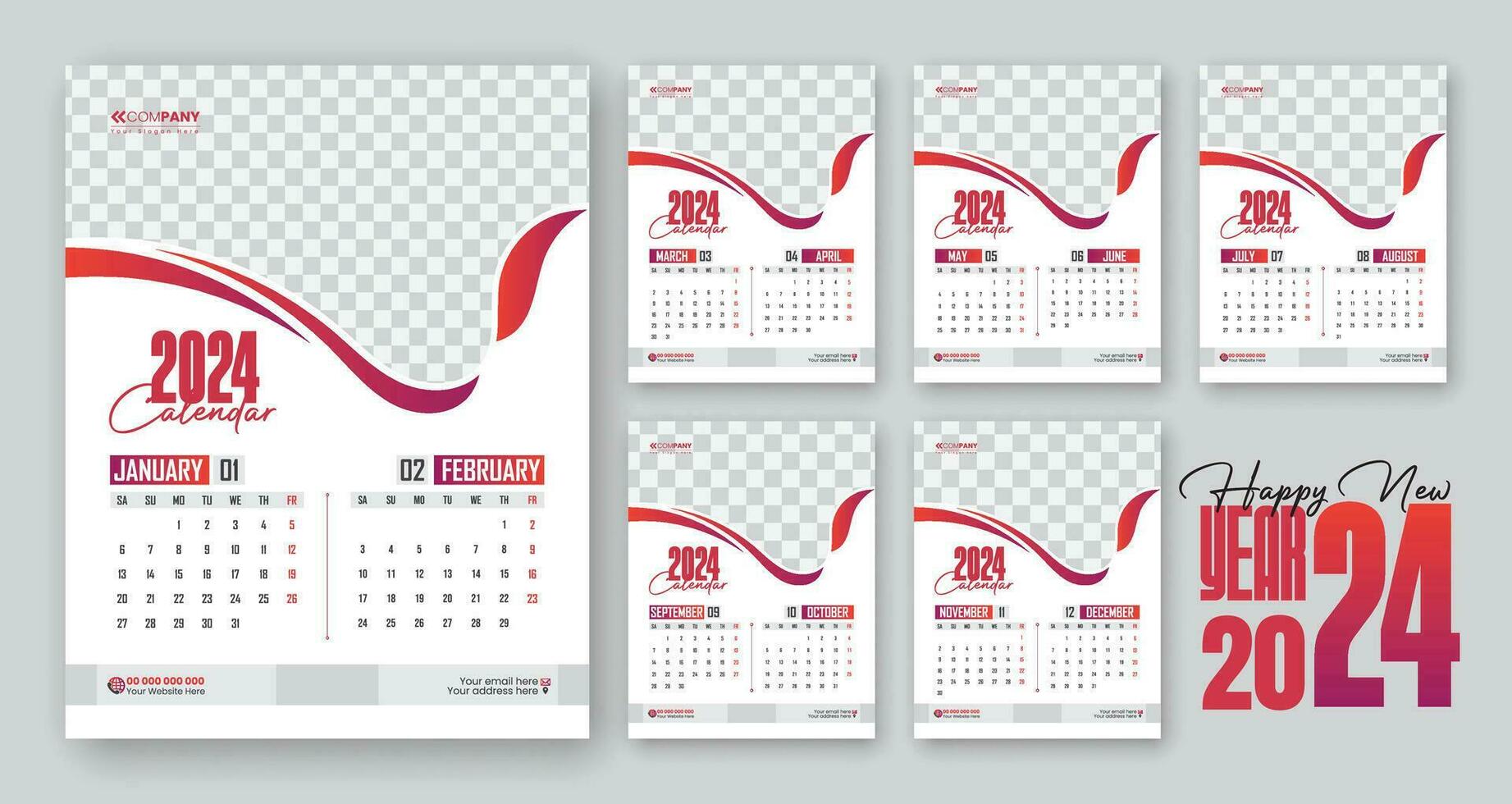 kreativ modern Geschäft 2024 Mauer Kalender Design mit 12 Monat vektor