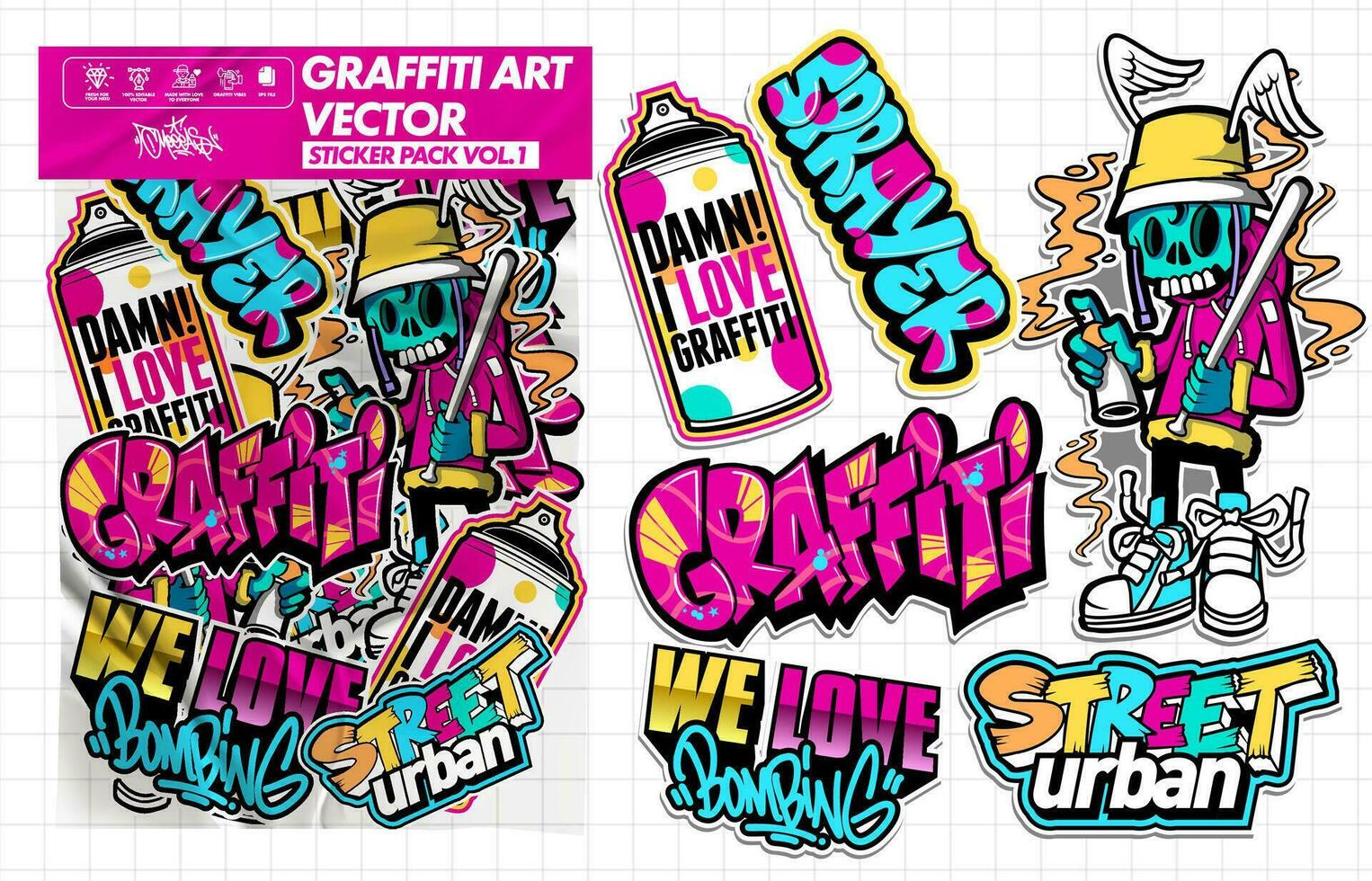 graffiti konst vektor klistermärke illustration. uppsättning av vektor design med färgrik mönster