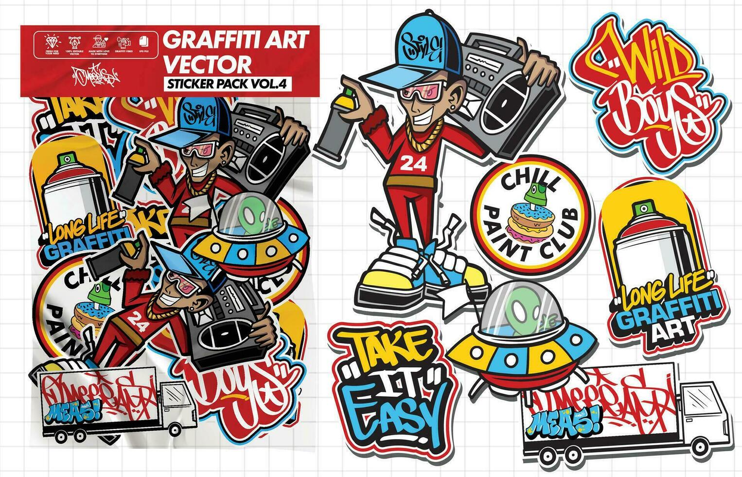 graffiti konst vektor klistermärke illustration. uppsättning av vektor design med färgrik mönster