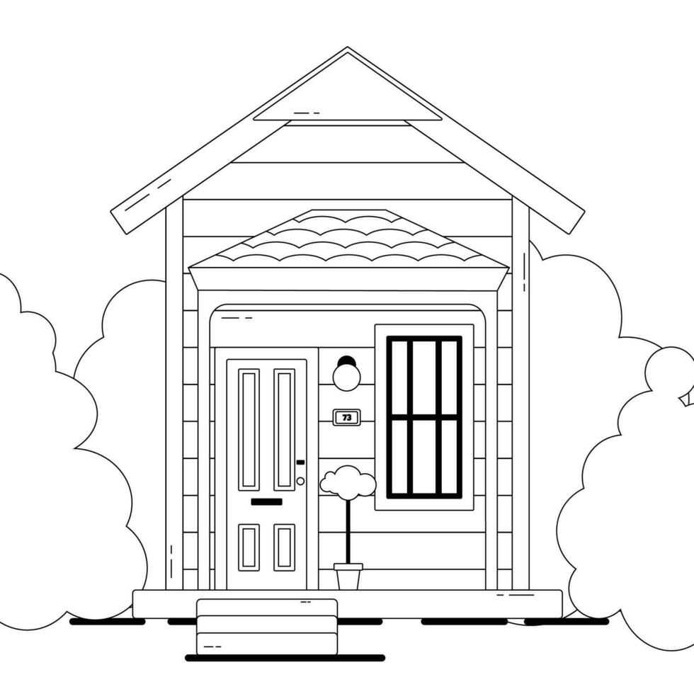 de skön små isolerat liten svart och vit stuga i platt stil. de översikt vektor illustration med en liten svart och vit Land hus.