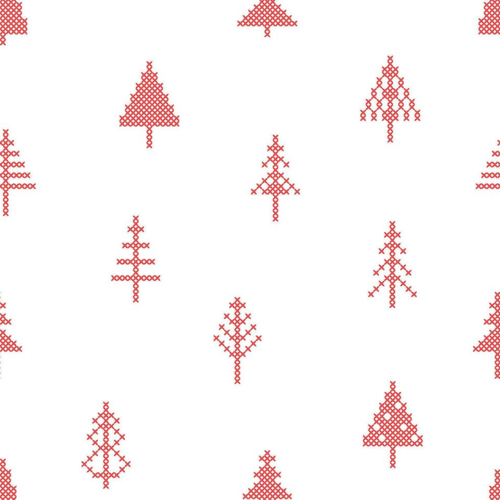 sömlös mönster med jul träd i dräng folk rustik motiv. korsa sy bakgrund med gran träd vektor