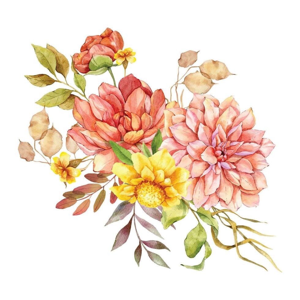 vattenfärg falla blommig bukett hand målad illustration. hand målad vattenfärg blommor isolerat på vit bakgrund. perfekt för bröllop inbjudningar, brud- dusch och blommig hälsning kort vektor