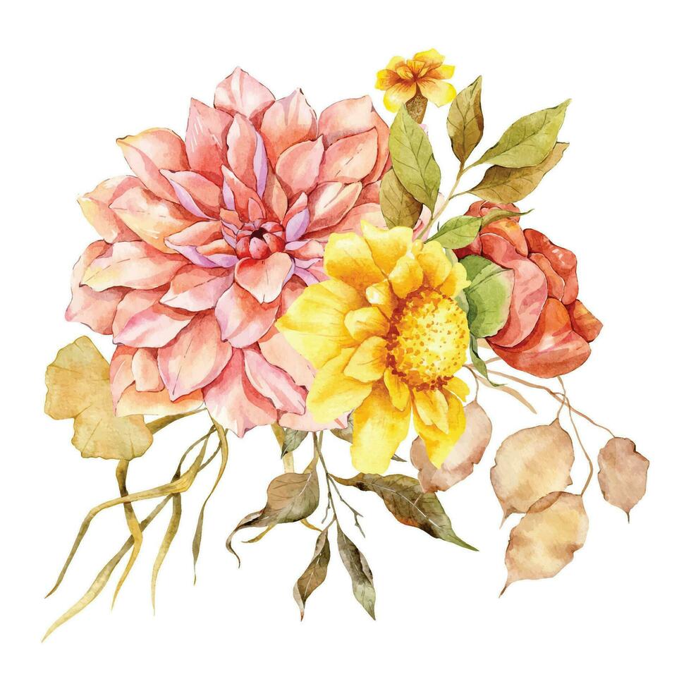 vattenfärg falla blommig bukett hand målad illustration. hand målad vattenfärg blommor isolerat på vit bakgrund. perfekt för bröllop inbjudningar, brud- dusch och blommig hälsning kort vektor