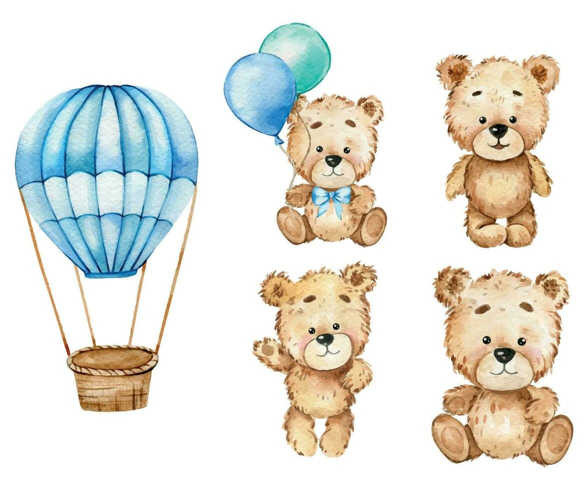 süß Baby Bär mit Luftballons Aquarell Illustration, wenig Bär mit Luftballons isoliert auf Weiß Hintergrund. Hand gezeichnet schön Tier zum Kindergarten Dekor Kinder Illustration. Baby Dusche Konzept vektor