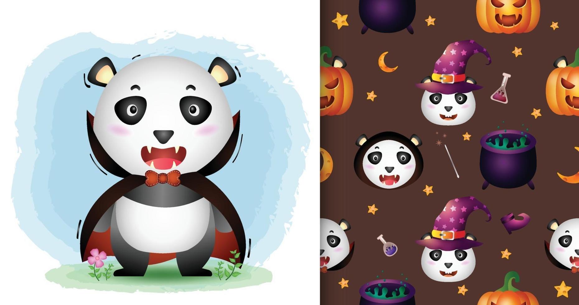 ein süßer Panda mit Dracula Kostüm Halloween nahtlose Muster vektor