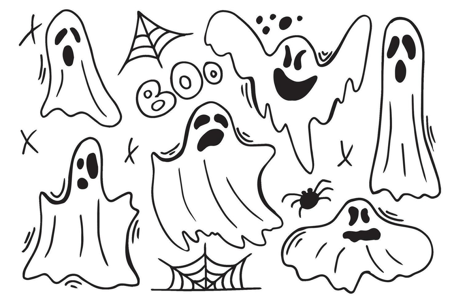 spöken. halloween djur. vektor hand ritade. linje konst. skiss illustration. spöke. för säsong- design, textil, dekoration barn lekrum eller hälsning kort. hand dragen grafik och klotter.