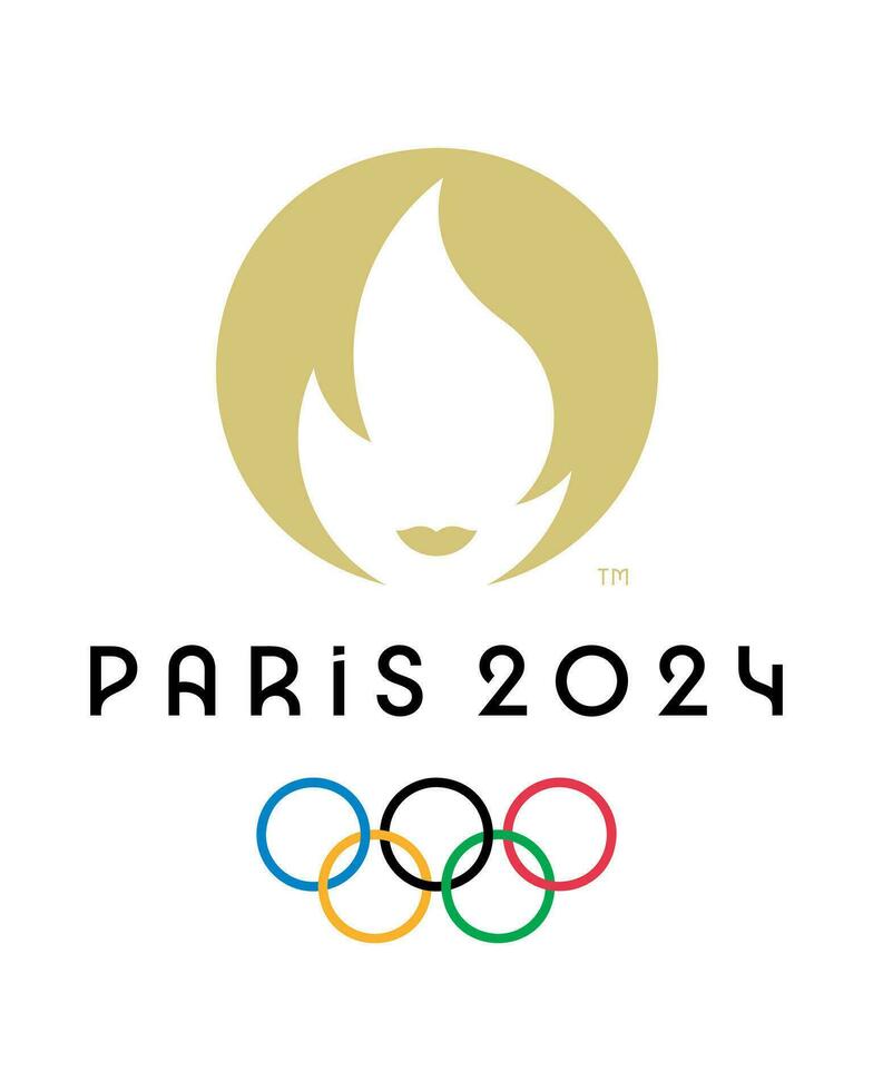 offiziell Logo von olympisch Spiele 2024 im Paris, Frankreich. formal Symbol von Sommer- Olympia Spiele - - Ringe mit golden Feuer. Vektor Illustration isoliert auf Weiß Hintergrund