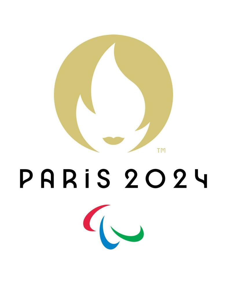 offiziell Logo von olympisch Spiele 2024 im Paris, Frankreich. formal Symbol von Sommer- Olympia Spiele - - Ringe mit golden Feuer. Vektor Illustration isoliert auf Weiß Hintergrund