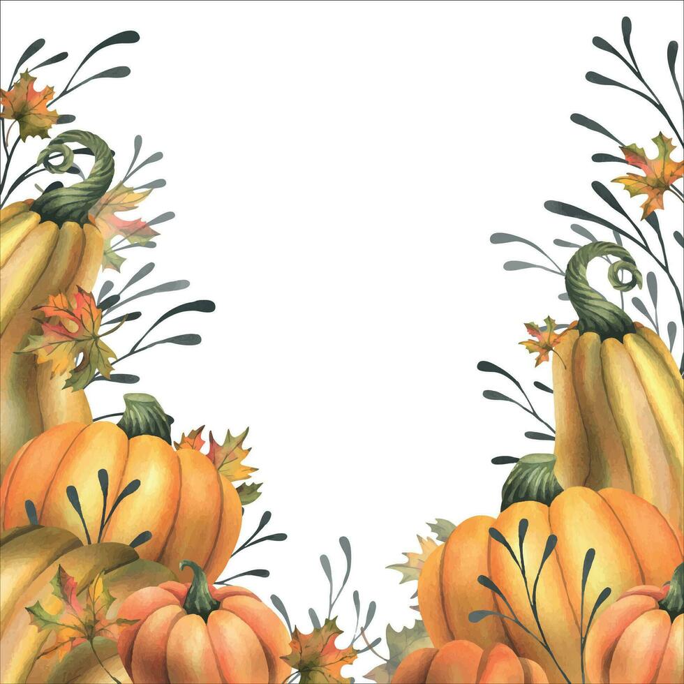 orange höst pumpor med lönn löv och kvistar. vattenfärg illustration, hand ritade. ram, mall, styrelse på en vit bakgrund. vektor