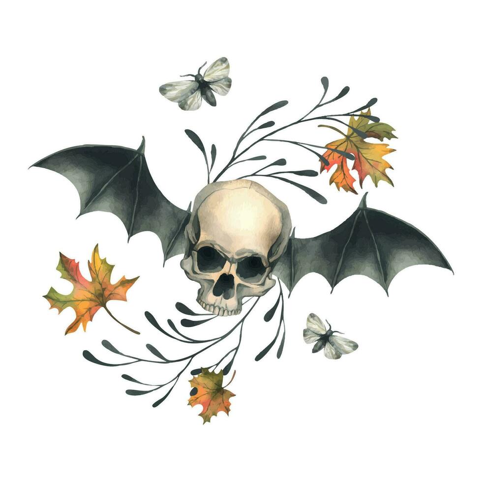 Mensch Schädel fliegend mit Schläger Flügel, Nacht Motten und Herbst Ahorn Blätter. Hand gezeichnet Aquarell Illustration zum Halloween. isoliert Komposition vektor