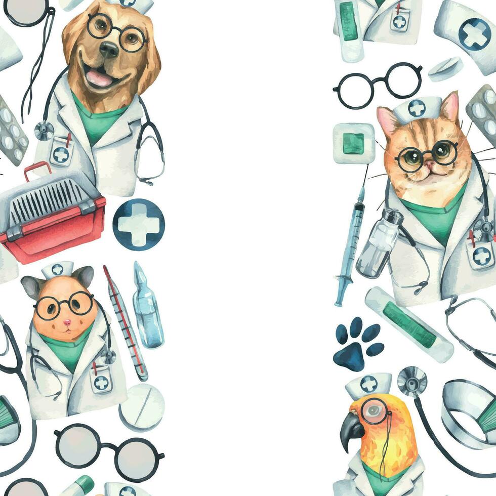 Veterinär Ärzte Hamster, Hund, Katze, Papagei, Haustier Träger, Medikamente. Aquarell Illustration, Hand gezeichnet nahtlos Rand auf Weiß Hintergrund. vektor
