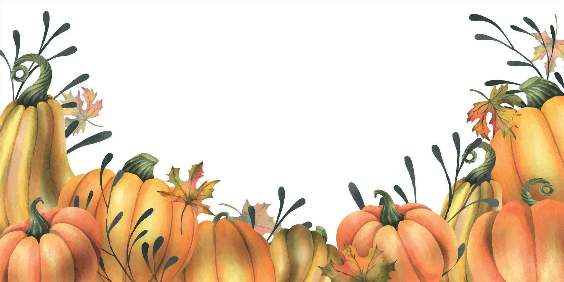 Orange Herbst Kürbisse mit Ahorn Blätter und Zweige. Aquarell Illustration, Hand gezeichnet. rahmen, Vorlage, Tafel auf ein Weiß Hintergrund vektor