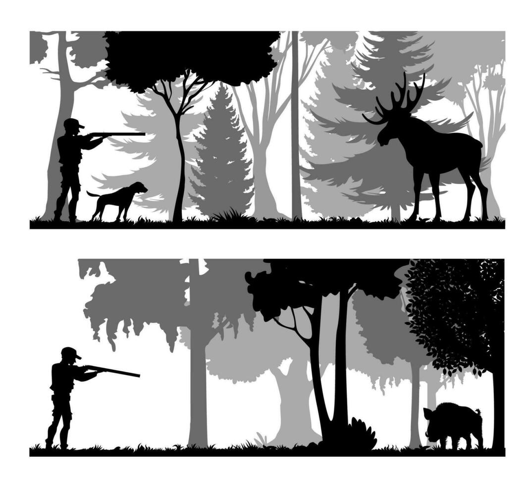 Jäger mit Gewehr, Tier im Wald Silhouetten vektor
