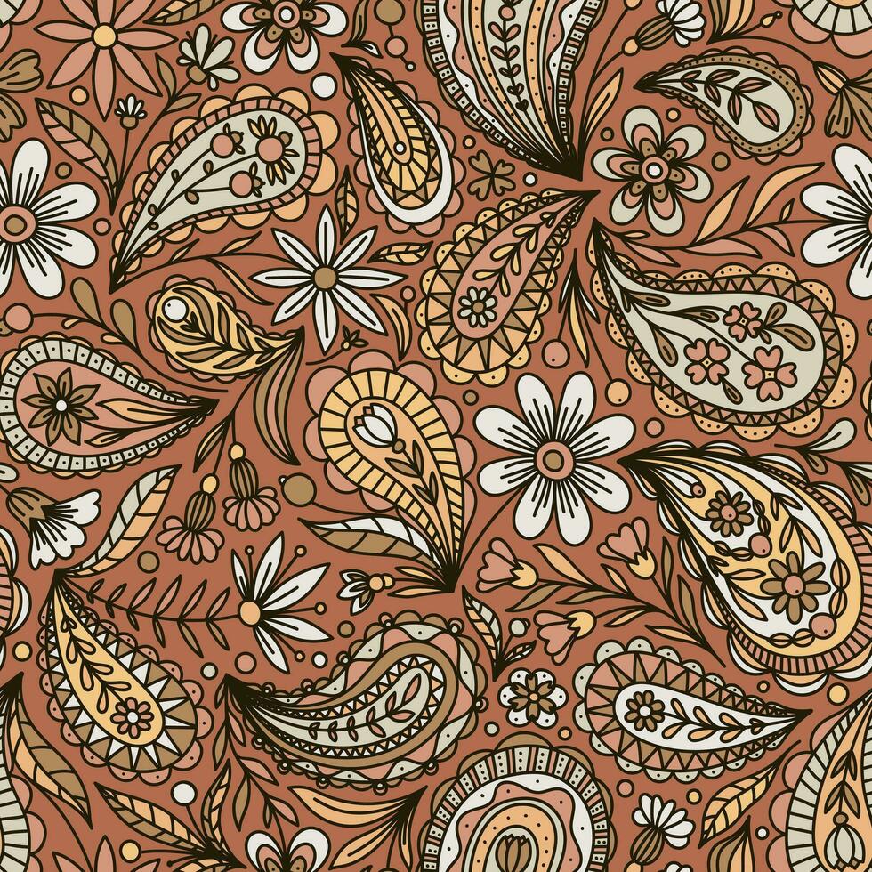 Beige und Rosa Vektor nahtlos Hintergrund mit mehrfarbig Blumen- Paisley Ornament