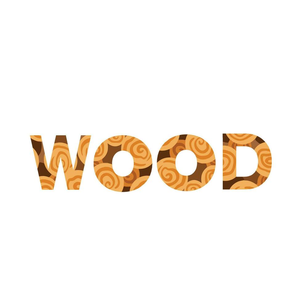 Holz Wort Briefe mit kreisförmig hölzern Baum Stapel Textur Vektor Typografie illustrativ Text isoliert auf Platz Weiß Hintergrund. einfach eben Kunst gestylt Vektor Zeichnung.