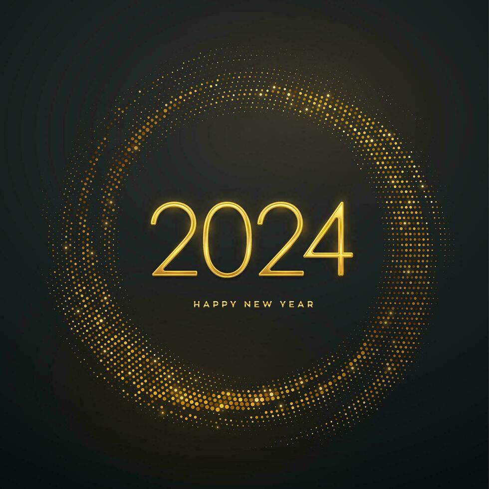 Lycklig ny 2024 år. gyllene metallisk lyx tal 2024 på skimrande bakgrund. realistisk tecken för hälsning kort. spricker bakgrund med glitter. festlig affisch eller baner. vektor illustration.
