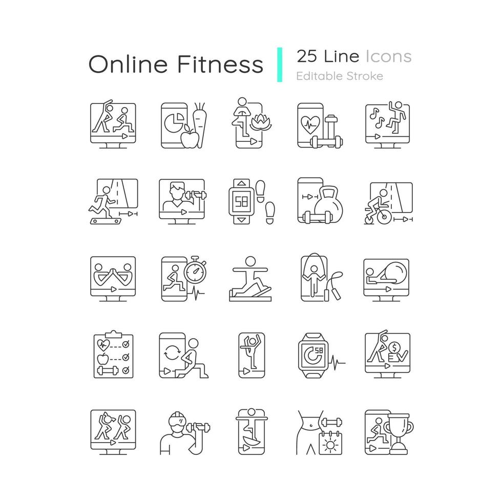 Online-Fitness-Apps Möglichkeiten lineare Symbole gesetzt. vektor