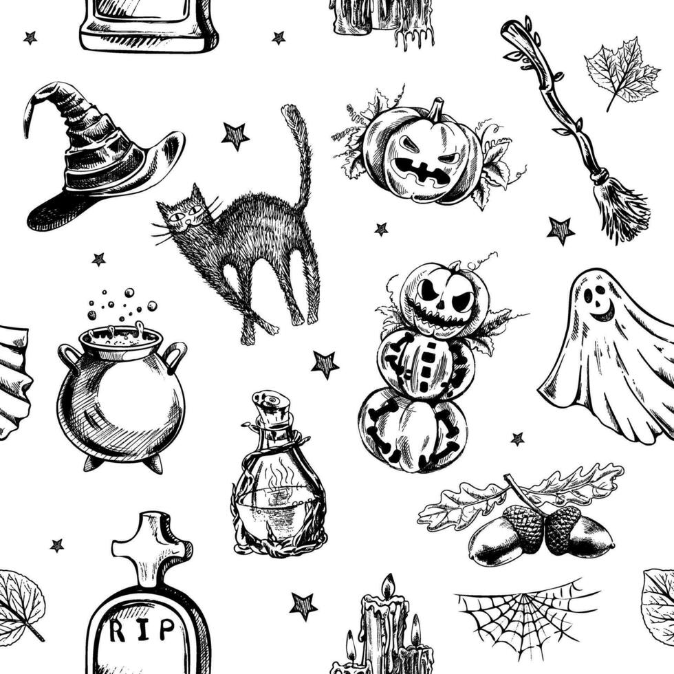 sömlös mönster av ritad för hand halloween element. svartvitt illustration i skiss stil. klotter. vektor