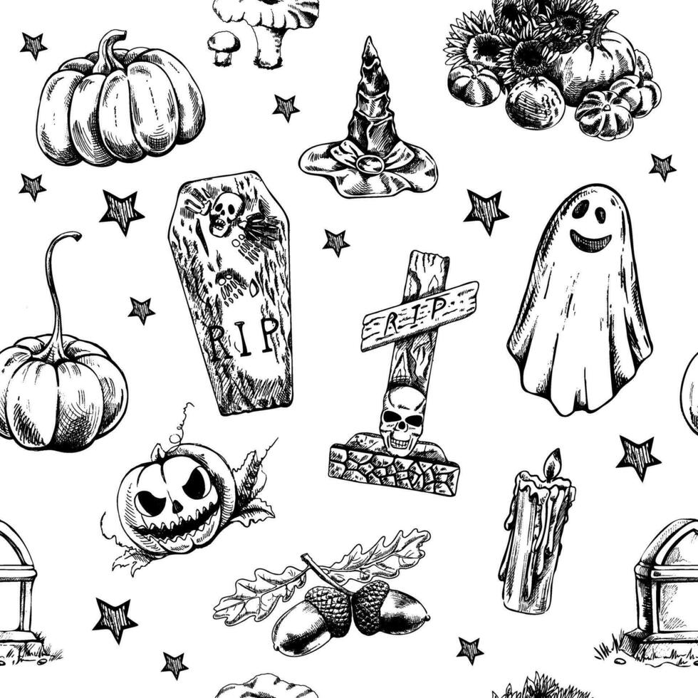 sömlös mönster av ritad för hand halloween element. svartvitt illustration i skiss stil. klotter. vektor